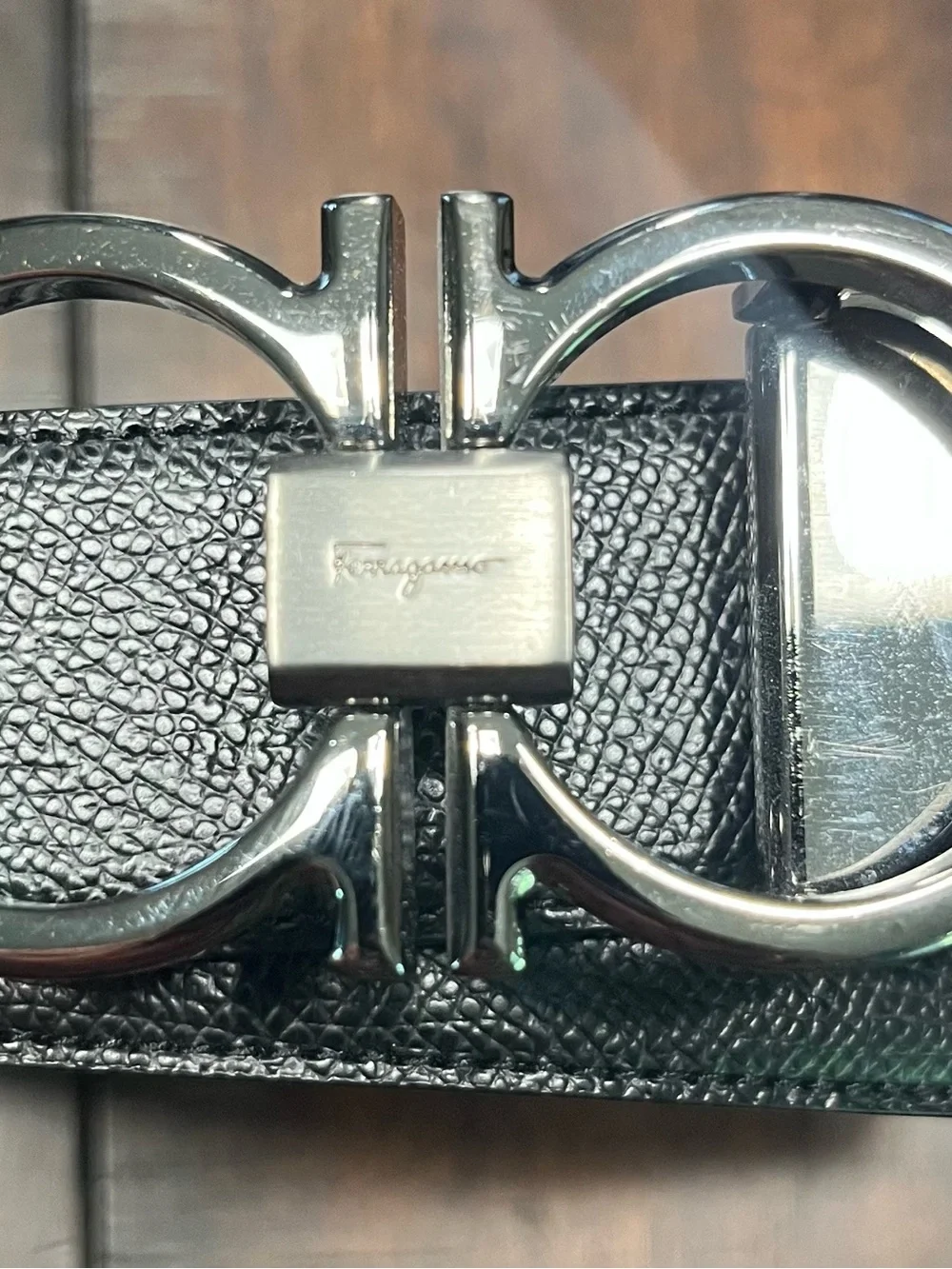 Salvatore Ferragamo Reversible and Adjustable Gancini Belt with Gunmetal Finish